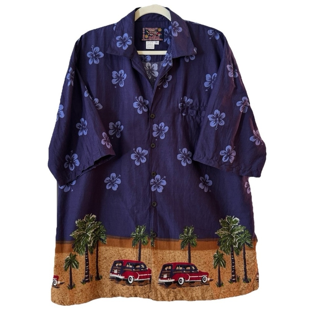 Basix Hawaiian Shirt Blue Hibiscus Woody Wagon Border Print Cotton L